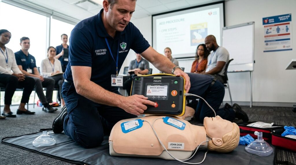 Close-up photograph of a trained employee confidently using 