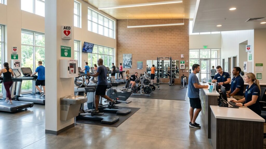 Wide shot of a fitness center or community space with multip