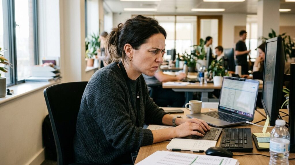 Woman at desk working on laptop appearing stressed or concen