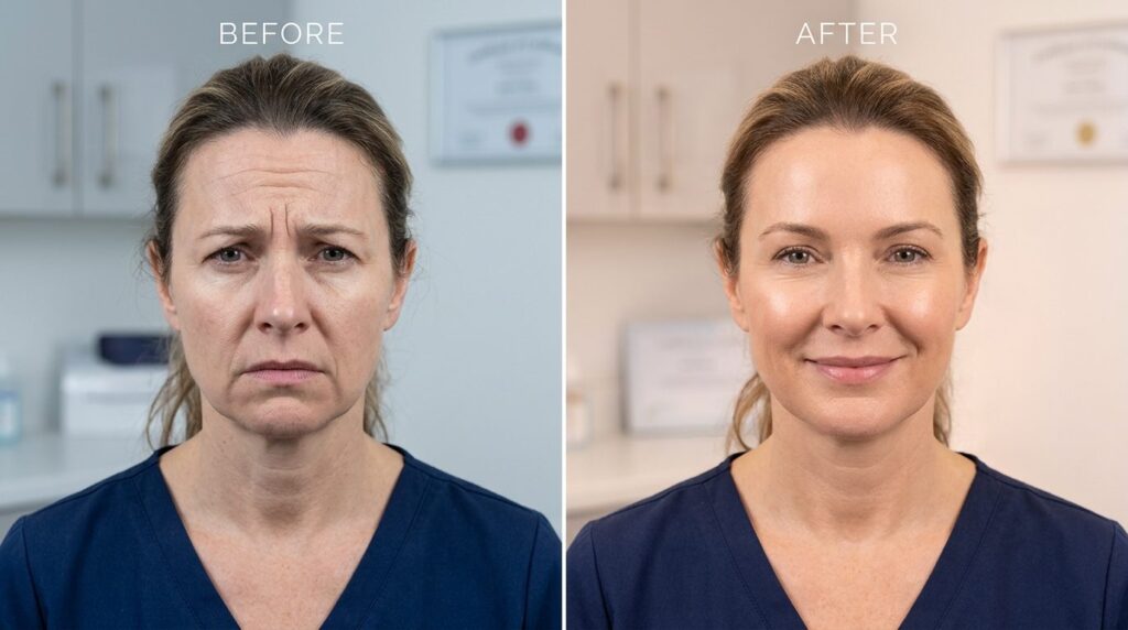 Split-screen comparison style: left side shows woman with vi