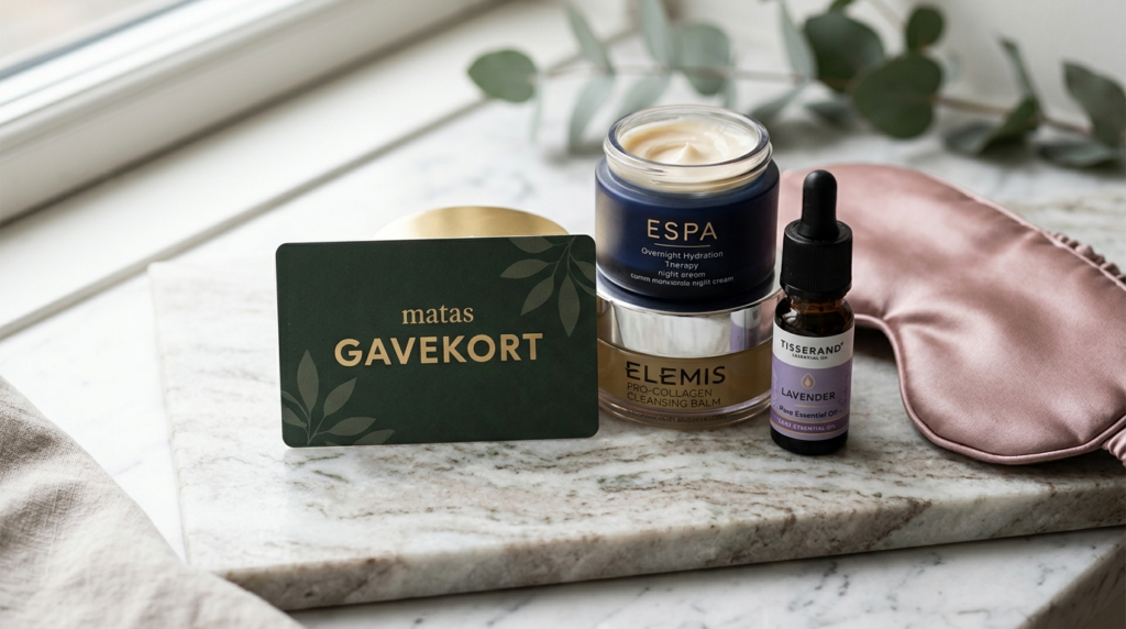 Close-up product photography of a Danish Matas gift card pos