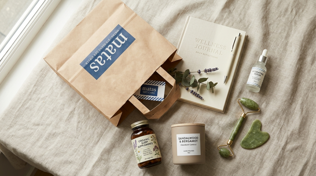 Overhead flat lay photography of a wellness shopping collect