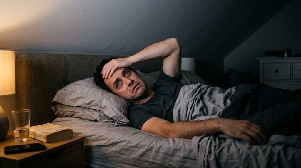 Photorealistic image of a frustrated man in bed at night sta