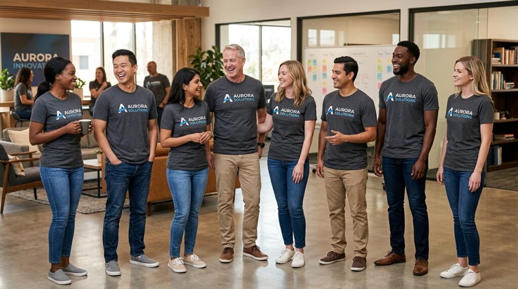 Corporate team wearing matching branded t-shirts at a casual
