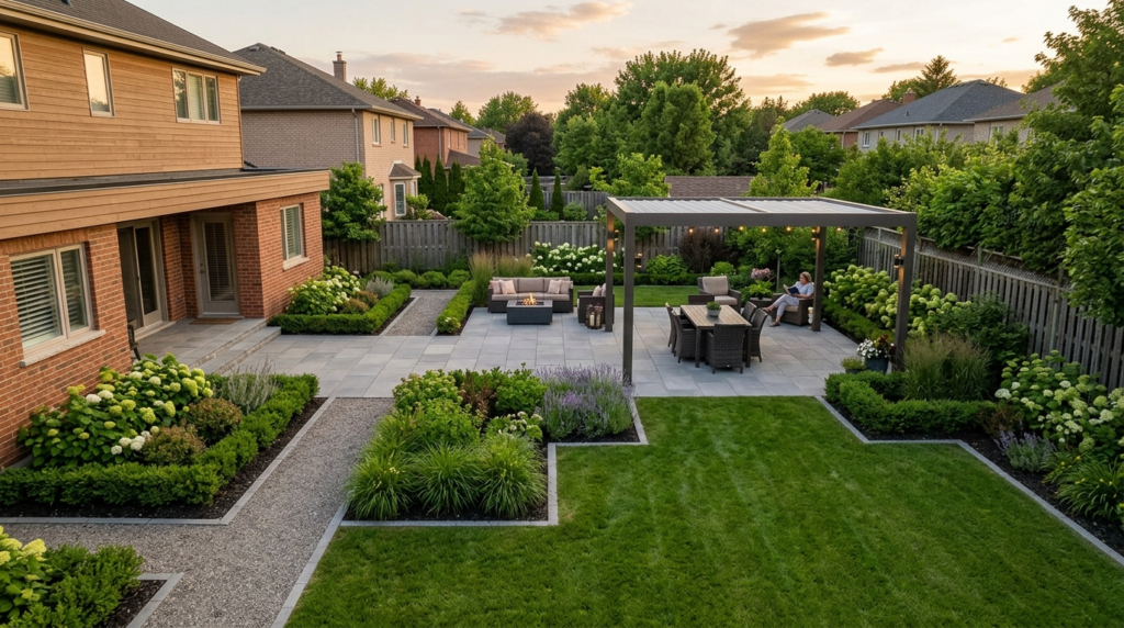 Wide aerial view of a calm residential outdoor space showing