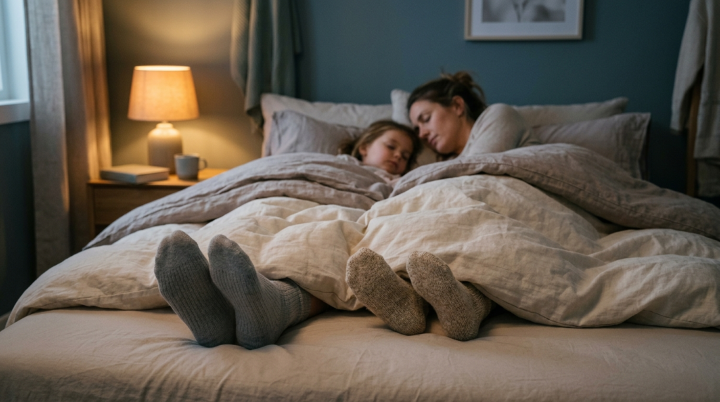 Peaceful nighttime scene of a parent and child sleeping soun