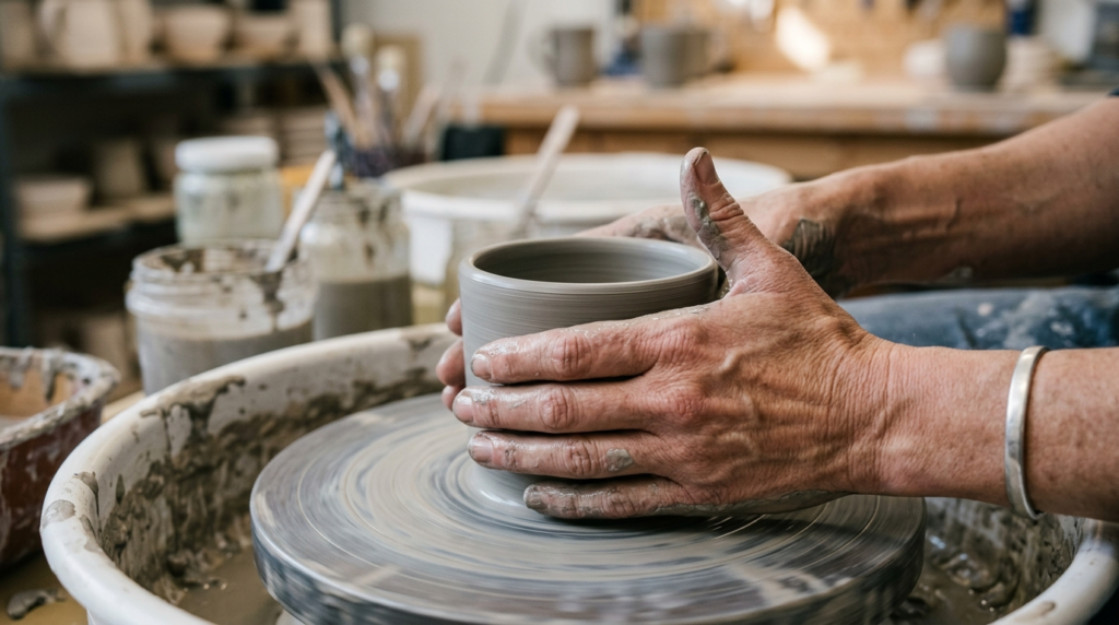 Close-up detail shot of potters hands on ceramic wheel show
