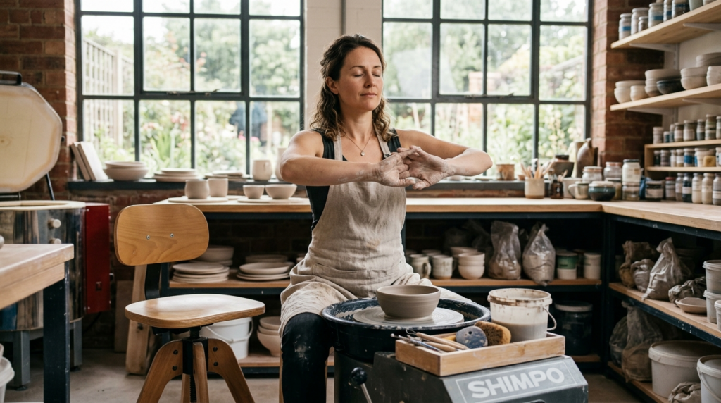 Serene pottery artist taking a mindful break at pottery whee