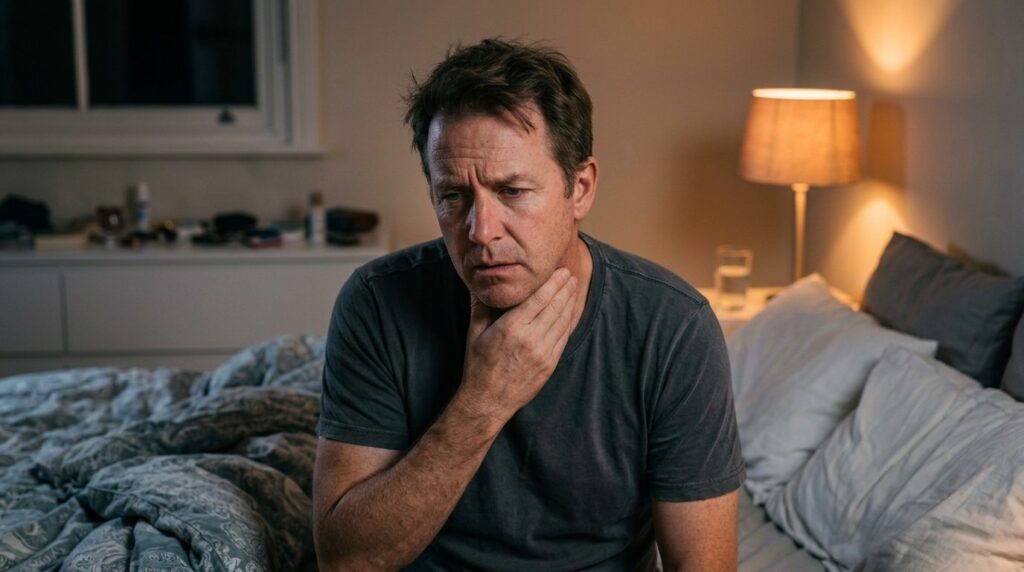 Photorealistic stock photo, 16:9 format: Tired man in bedroo